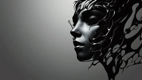 Liquid chrome portrait merges organic contours with void