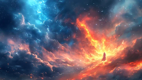Celestial figure intersects turbulent nebula of fire and ionized clouds