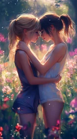 Two Souls Intertwined: A Luminescent Garden Embrace.