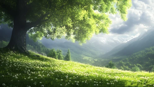 Sunlit valley meadow dreaming beneath a grand old tree.