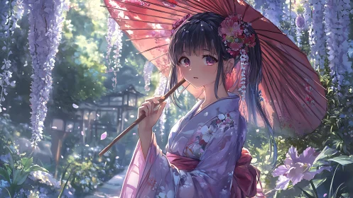 Kimono girl stands beneath wisteria with a pink umbrella.
