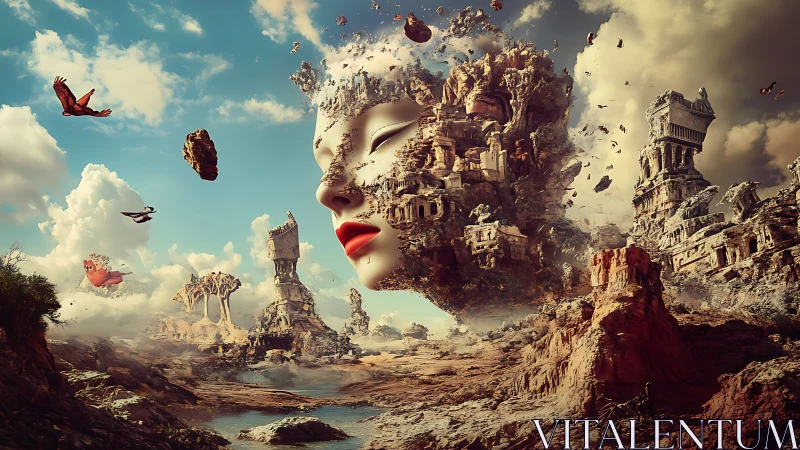 Colossal stone face dissolves into crumbling sky temples