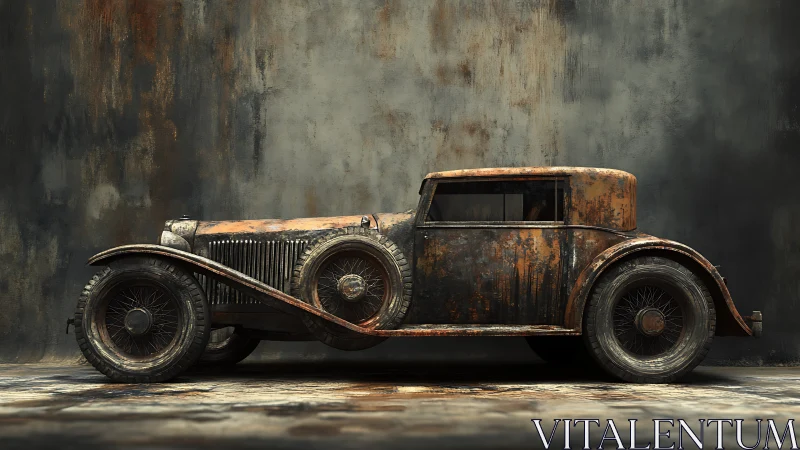 Rust-slipped vintage coupe dreaming in industrial dusk.