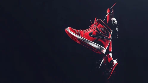 Iconic red sneakers suspended in bold, electric motion.