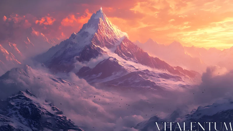 Sunlit snow peak above clouds in vivid orange sky.