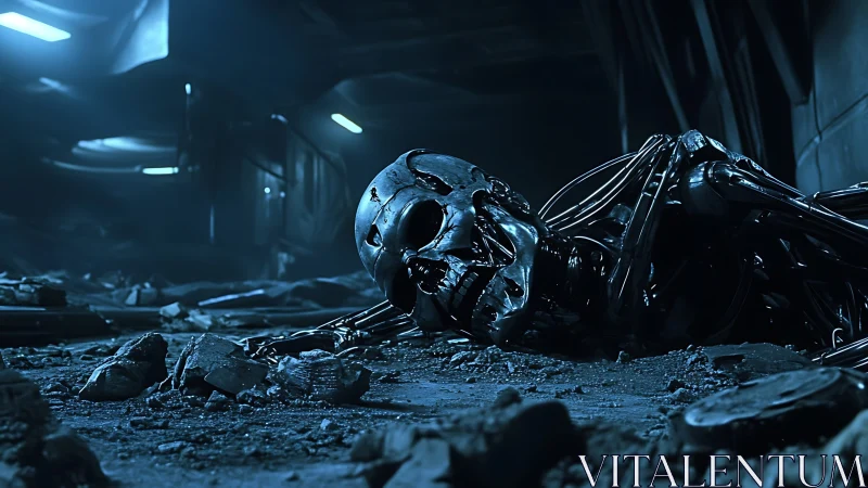 Damaged robotic skeleton lies in dark industrial ruins