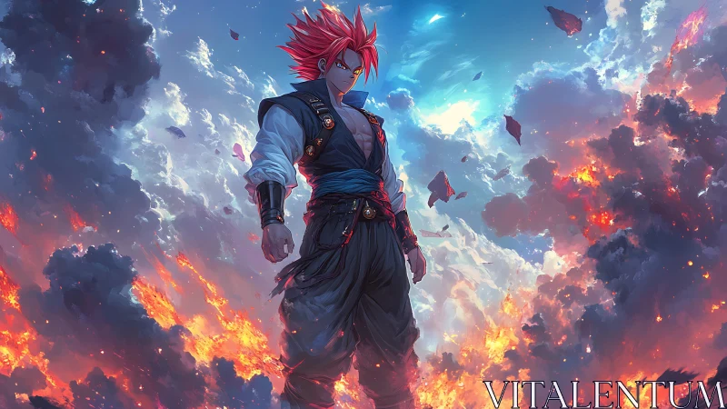 Aerial pyroclastic warrior amid volumetric nebular stormscape.