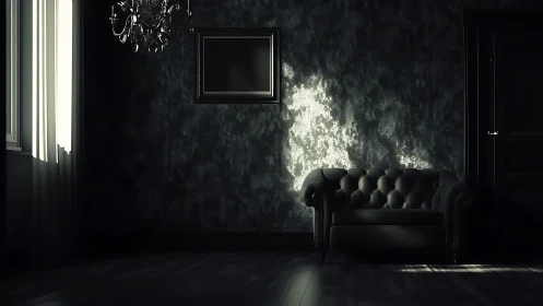 Low key interior with tufted sofa, wall frame and window light