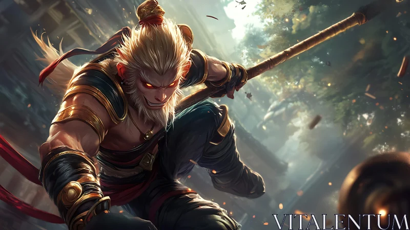 Staff-wielding monkey warrior leaping into golden sunlight.