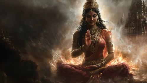 Fireborn goddess in tranquil meditation amid temple storms.