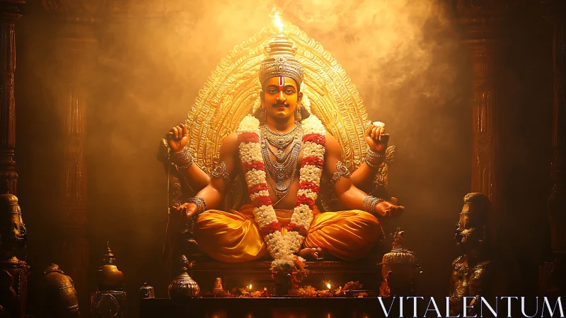 Hindu deity statue seated on ornate throne in warm light.