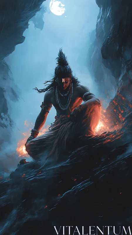 Warrior meditates in fiery cavern under cold moonlight.