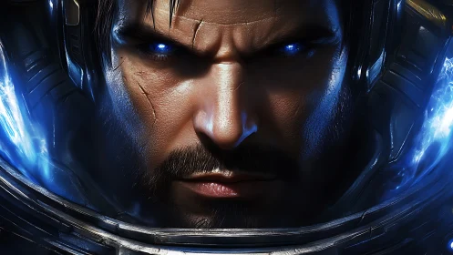 Armored space warrior glares forward with blazing blue eyes