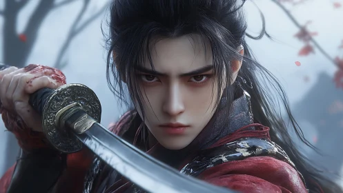 Swordsman with drawn katana stares forward in misty forest