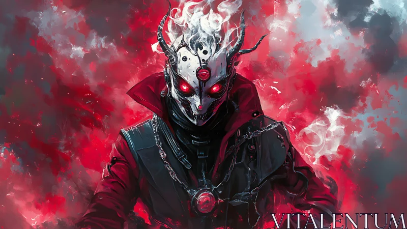 Demonic cybernetic warlord with horned mask in red vapor field
