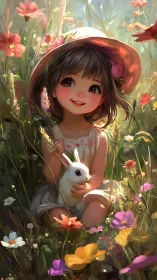 Smiling child cradles white bunny in sunlit wildflower meadow.