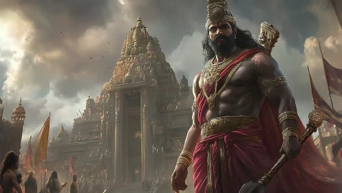 Temple titan in crimson armor guards a stormlit kingdom.
