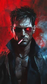 Male figure in leather jacket with cigarette and red backdrop.