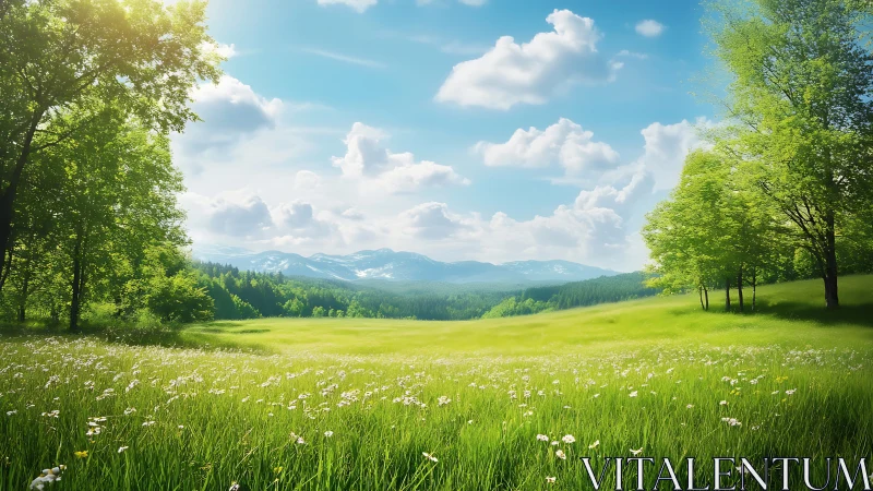 Sunlit mountain meadow spreads under vivid blue sky.