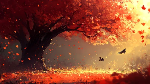 Crimson maple canopy over sunlit meadow with drifting leaves.