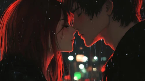 Red-haired figures share an intimate moment amid neon city lights.