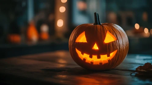 Glowing jack-o-lantern on wooden table in cozy evening scene.