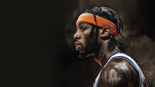 Basketball player in profile view wearing orange headband