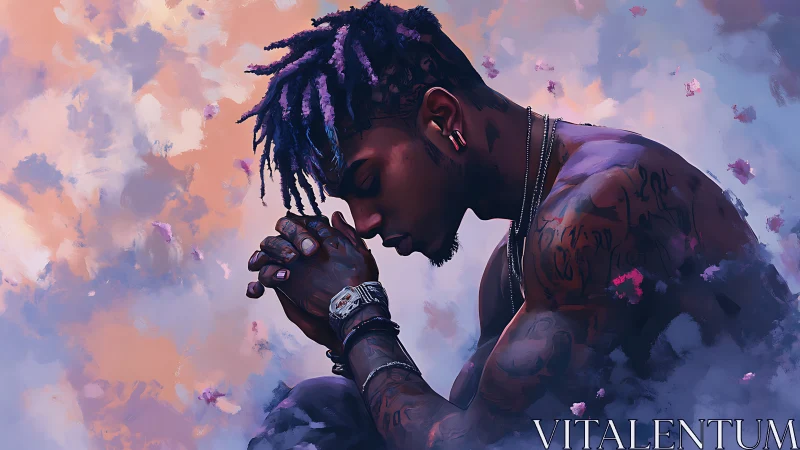 Tattooed man in prayer pose against soft pastel clouds.