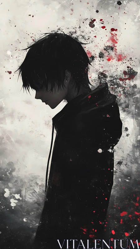 Solitary hooded figure in dark splatter silhouette profile.