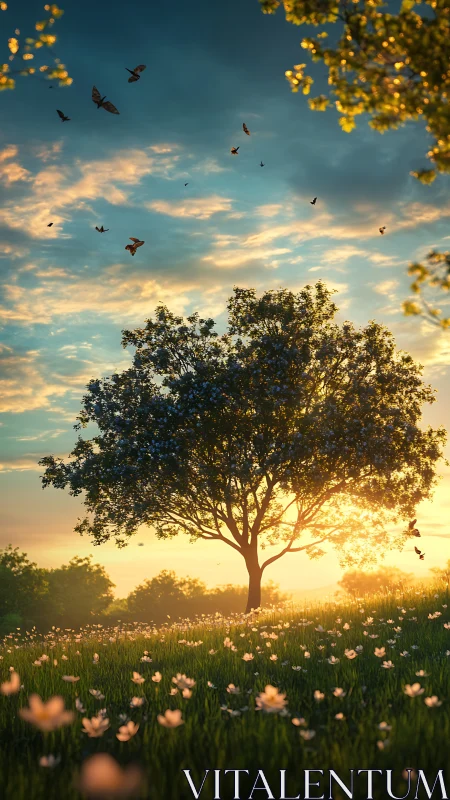 Backlit meadow tree with butterflies under golden hour sky
