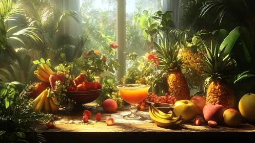 Sunlit tropical still life arranges ripe fruit with volumetric light