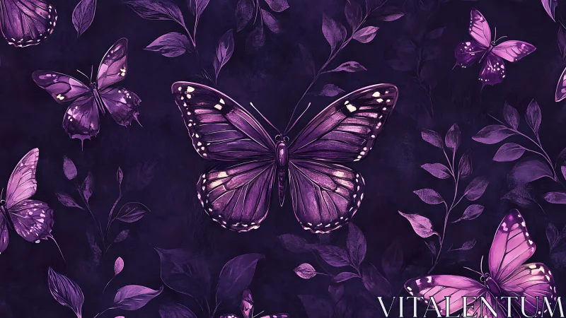 Iridescent violet butterflies glide across deep botanical ground