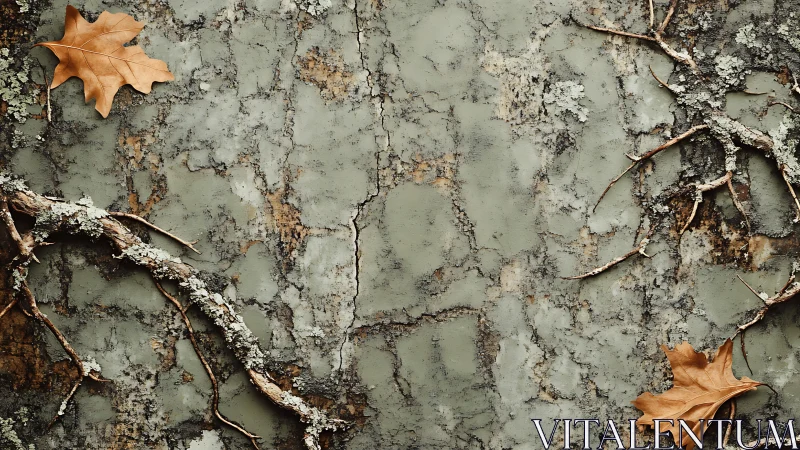 Textured tree bark with lichen branches and dry oak leaves.