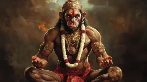 Simian humanoid figure in seated pose with ritual adornment.
