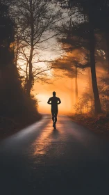 Silhouetted runner advances along misty forest road at dawn