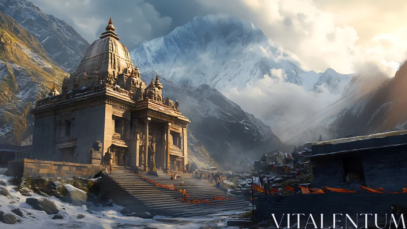 Mountain valley stone temple with snow and distant settlement.