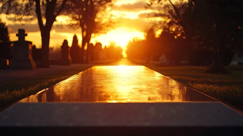Sunset reflects across flat grave marker in quiet cemetery
