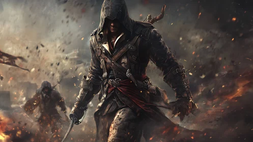 Hooded rogue strides through battlefield smoke with directional embers