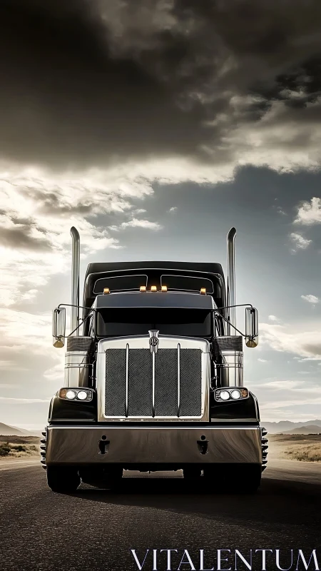 Midnight-black semi truck under storm-lit desert sky.