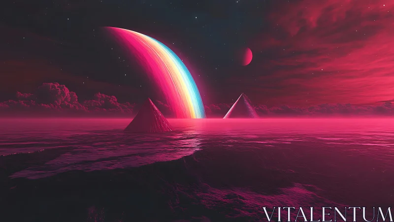 Neon pyramids drift beneath a cascading cosmic rainbow arc