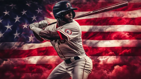 Baseball player prepares swing against stylized US flag backdrop.