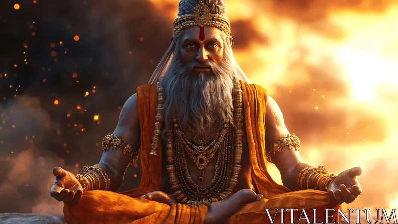 Meditating sage in orange robes before blazing sky.