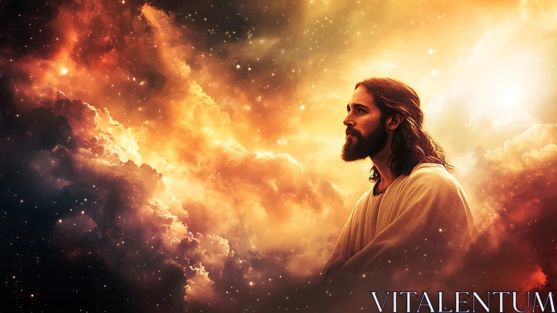 Figure in white robe is framed against luminous space clouds