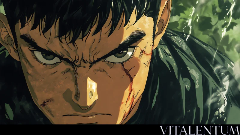 Battle-scarred warrior under rain with intense anime stare.