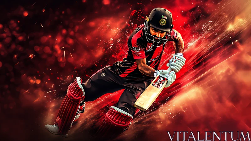 Cricket batsman drives ball in dynamic red digital artwork