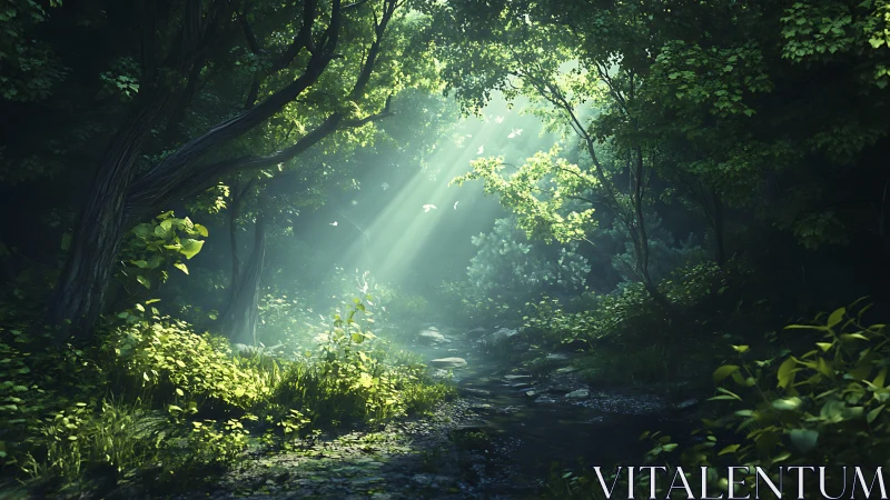 Sunlit Forest Stream: Ethereal Woodland Path
