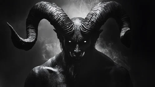 Horned shadow guardian with glowing eyes in smoky night.