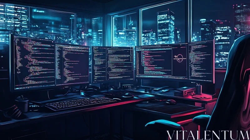 Cyberpunk coding workstation with panoramic neon skyline.