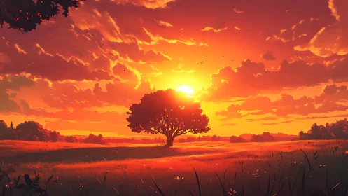 Lone meadow tree cradles a molten sunset in glowing silence