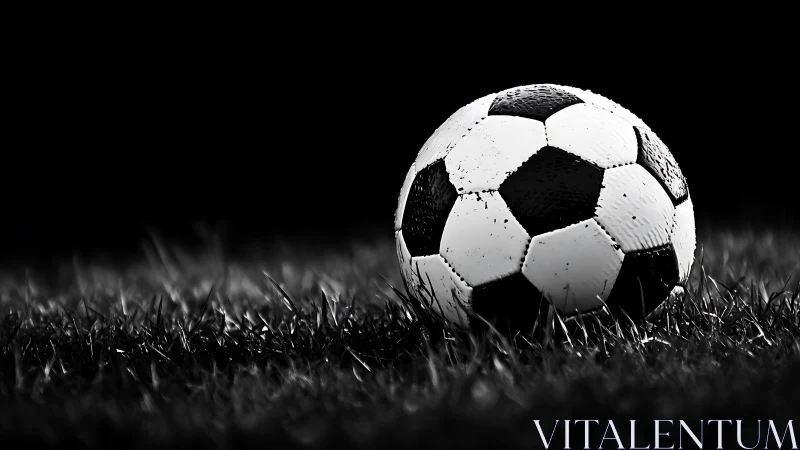 Lonely soccer ball rests on wet grass under stadium night